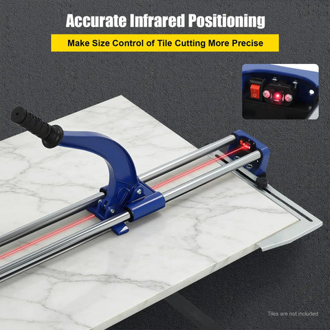 Heavy-Duty Manual Tile Cutter 31 Inch For Ceramic And Porcelain Tiles With Tungsten Blade guiding laser precision on marble surface.