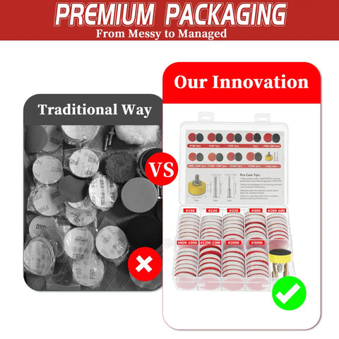 Comparison of 63 Piece 1 Inch Sanding Discs Kit With Hook And Loop in premium and traditional packaging