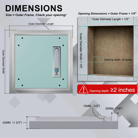 Pro Grade 24X36 Metal Wall Access Panel For Drywall Paintable Aluminum Hatch dimensions layout with opening depth specifications.