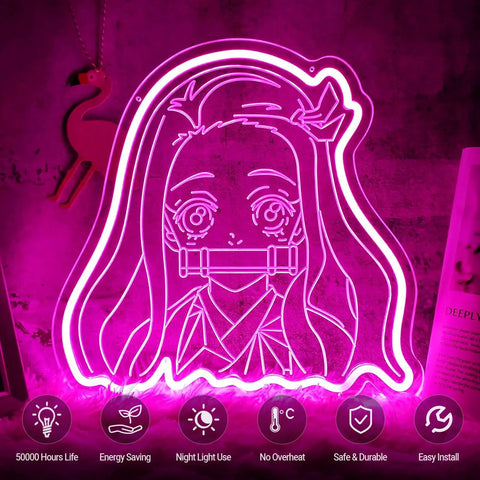 Kamado Nezuko Neon Sign Handmade Anime LED Night Light For Bedroom Wall Decor Pink 12x12 Inches Cute Japanese Style Gift
