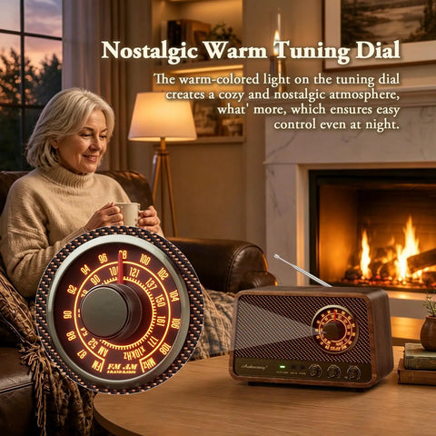Vintage Wooden AM FM Bluetooth Radio Speaker With 10 Watts Power And Retro Dial With Soft Glow Bass in cozy living room scene