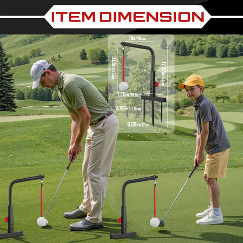 Man and boy using Durable Iron Golf Swing Trainer For Kids And Teens with adjustable height on a golf course, dimensions displayed.