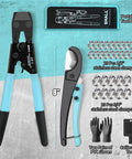 Front view of Shall PEX crimping tool kit with 11in crimper and pipe cutter, 20x1/2in and 10x3/4in clamps, pouch.
