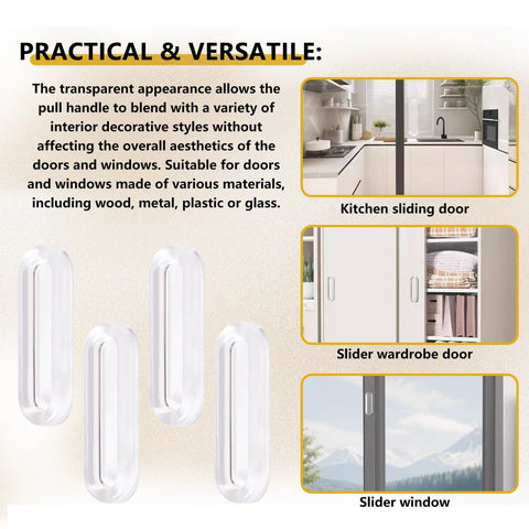 Four Clear PU Self Adhesive Recessed Finger Pulls 7.5x2.5 Cm Oval Sliding Door Handles for kitchen, wardrobe, and window use.