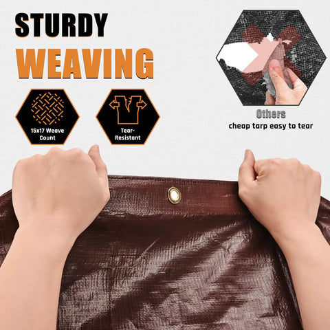 Hands holding 10x12Ft Heavy Duty Tarp With 10 Mil Thickness Waterproof Tear Resistant Poly Tarp with brass grommet close-up