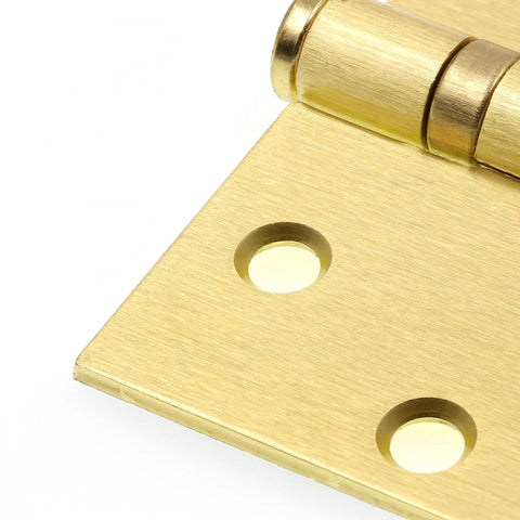 Commercial Door Hinge Pack 4-1/2 Inch Smooth Pivot With Square Corners 2 Ball Bearing Satin Brass Finish Includes Screws Heavy-Duty Gauge Steel Exterior Grade For High-Traffic Offices 3 Pack, close-up of hinge leaf