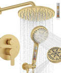 Iribber Brushed Gold Shower System Faucet Set with round rain shower head and filtered handheld shower head.