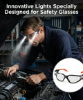 Kickass Rechargeable Led Safety Glasses With Built In Work Lights For Mechanics Auto Repair And Tight Garage Jobs Featuring Hella Bright Fog Free Lenses And Scratch Resistant Shielding worn by a mechanic working on a car engine.
