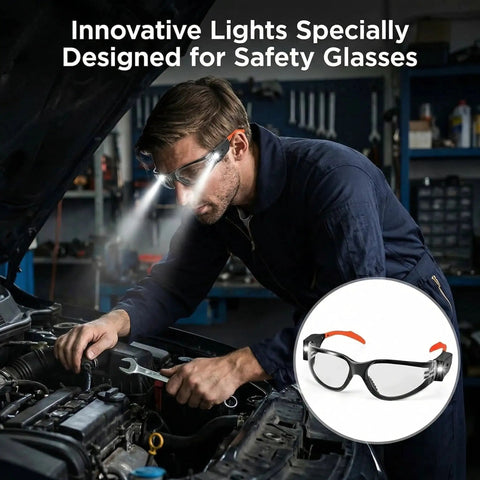 Kickass Rechargeable Led Safety Glasses With Built In Work Lights For Mechanics Auto Repair And Tight Garage Jobs Featuring Hella Bright Fog Free Lenses And Scratch Resistant Shielding worn by a mechanic working on a car engine.
