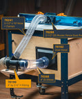 4-Inch to 2-1/2-Inch Y Fitting Dust Collection Hose Connector in use on woodworking table with clamps and hoses installed