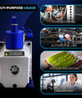 Front view: automotive vacuum pump, blue metal housing with silver front panel and MAX/MIN ports