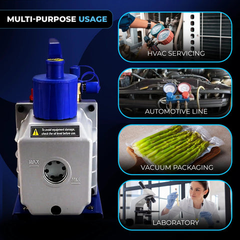 Front view: automotive vacuum pump, blue metal housing with silver front panel and MAX/MIN ports