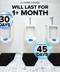Three urinals with black mats and blue screens, labeled with usage duration, in commercial restroom; 10 Pack Urinal Mats With Urinal Screen Deodorizer For Men Non Slip Absorbent Floor Pads For Commercial Restrooms Scented And Disposable Keep Toilet Areas Clean And Odor Free All Day Pro Grade.