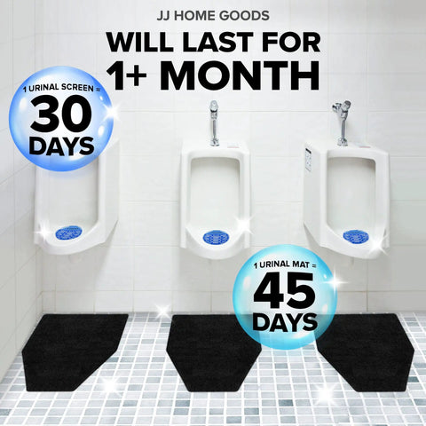 Three urinals with black mats and blue screens, labeled with usage duration, in commercial restroom; 10 Pack Urinal Mats With Urinal Screen Deodorizer For Men Non Slip Absorbent Floor Pads For Commercial Restrooms Scented And Disposable Keep Toilet Areas Clean And Odor Free All Day Pro Grade.