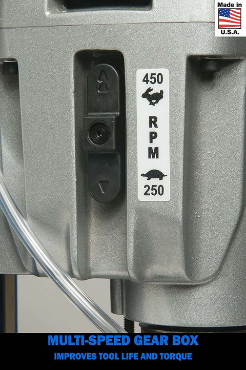 Hougen HMD905 magnetic drill, close-up of gray metal housing with 450 RPM sticker and Made in USA label.