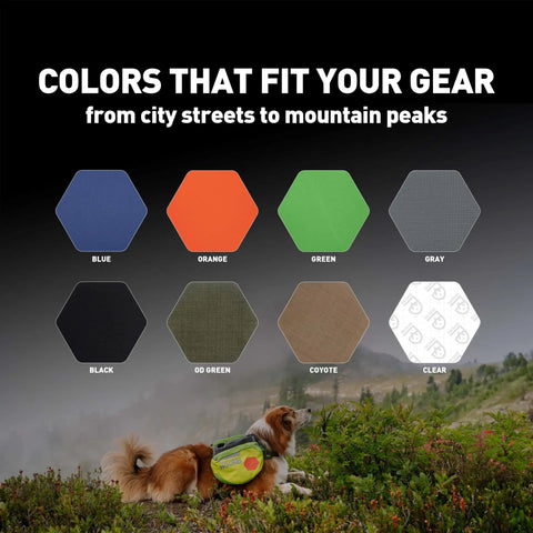 Chart of Tenacious Tape colors including blue, orange, green, gray, black, od green, coyote, clear with a dog in a mountain setting.