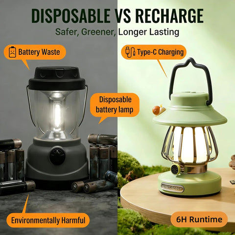 Comparison of disposable battery lamp and Rechargeable Kid Friendly Lantern Night Light With Dimmable 3 Color LEDs.