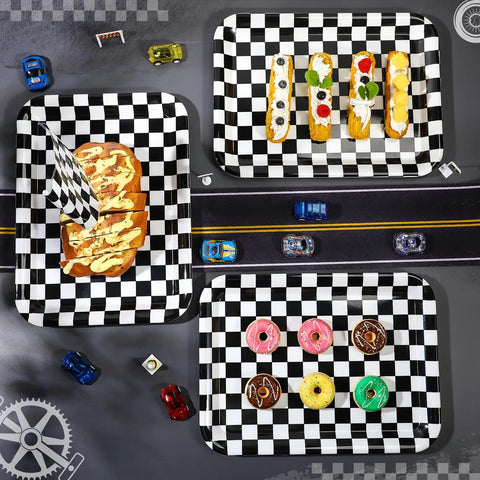 Set Of Three 13 X 10 Inch Rectangular Checkered Serving Trays Black And White Racer Platters with snacks and desserts.