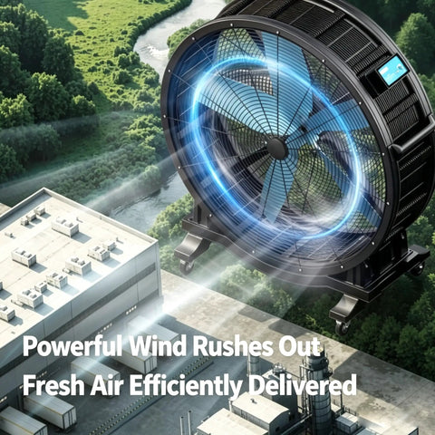 Badass Industrial Mobile Floor Fan Powered By Brushless Permanent Magnet Motor And Secure Locking Casters For Straight Up Warehouse Cooling.
