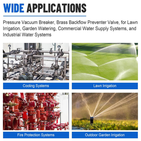 Brass backflow preventer assembly, 3/4 inch, for irrigation; collage showing lawn irrigation, cooling systems, fire protection, and garden sprinklers