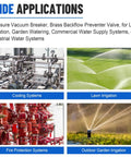 Wide applications of pressure vacuum breaker and 1-Inch 720A brass backflow preventer valve for irrigation and water systems.