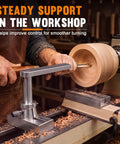 Solid As A Rock Seven Inch Stainless Steel Wood Lathe Tool Rest for Bowl Hollowing, with a craftsman using it on a lathe.