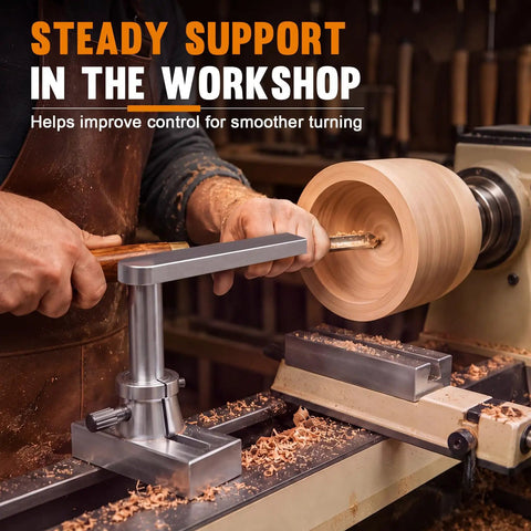 Solid As A Rock Seven Inch Stainless Steel Wood Lathe Tool Rest for Bowl Hollowing, with a craftsman using it on a lathe.