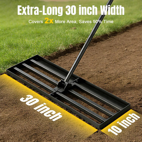 Wide 30 Inch Lawn Leveling Rake With Adjustable 47 To 77 Inch Telescoping Handle And 180 Degree Rotating Head A Workhorse Heavy Duty Rust Resistant Steel For Lawns Golf Courses And Driveways Time Saving Tool in action on soil