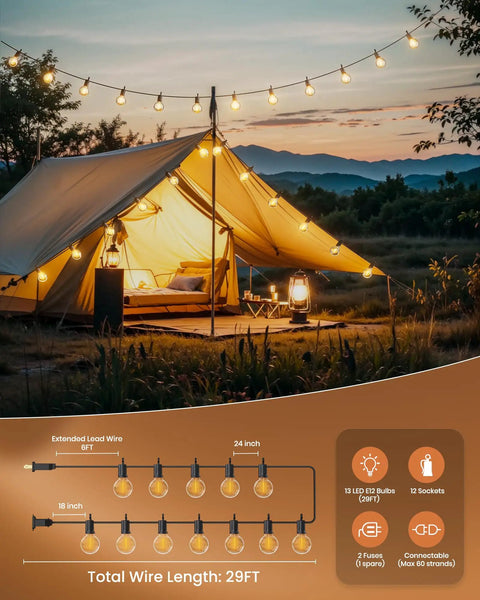 Outdoor String Lights 29 Feet G40 LED Patio Lighting Plug In With 13 Plastic Edison Bulbs And 1 Spare hanging near tent