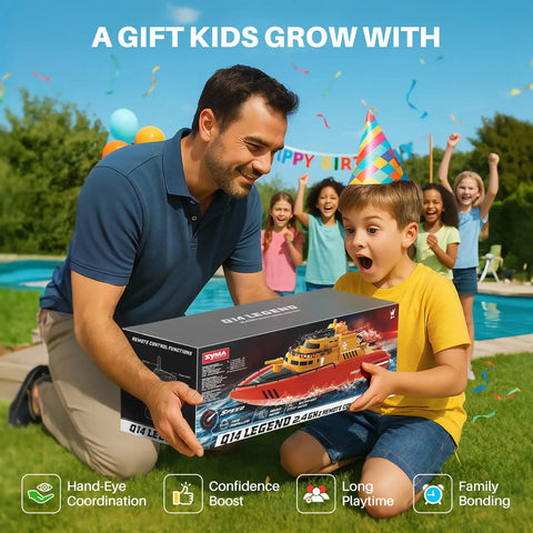 Child receiving Awesome Remote Control Fireboat RC Boat for Kids 8 to 12, birthday party background, poolside.