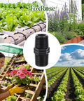 Pack Of Ten Double Male Pipe Thread Riser Adapters for drip irrigation, PVC material, garden use scene with plants and lawn.