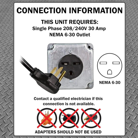 NEMA 6-30 outlet and plug required for Heavy Duty 4,800W Fan Forced Space Heater For Garage And Workshop Industrial Grade Steel Construction