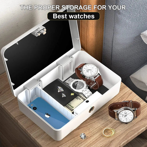 Biometric Fingerprint Safe Storage Box with Quick Access Dual Unlock Portable Cash and Jewelry Security Case Lock Box for Car Home Office Travel Lightweight White, open view with watches and cash inside.