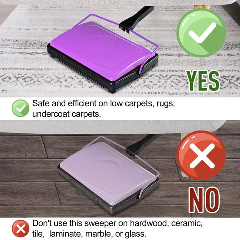 Lightweight Manual Carpet Sweeper And Rug Cleaner Cruises Across Carpets Without Breakin A Sweat Picks Up Pet Hair And Dust Like A Charm For Quick Daily Cleanup Sessions on rug and floor.