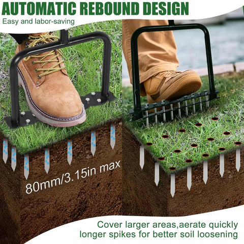 Manual Lawn Aerator Tool With Dual Spring Spikes Stainless Steel Lawn Aerator for soil loosening, boot on T handle, in use on grass