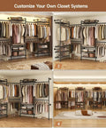 Wall Mounted Garment Rack with Four Expandable Rods and Eight Adjustable Shelves in Black Metal for Walk-In Closets
