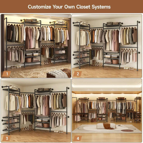Wall Mounted Garment Rack with Four Expandable Rods and Eight Adjustable Shelves in Black Metal for Walk-In Closets