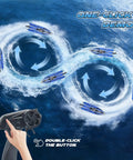 Beast Speed 35KMH RC Boat with LED Lights, blue 16 inch watercraft showing one-click demo, remote in action for easy control.