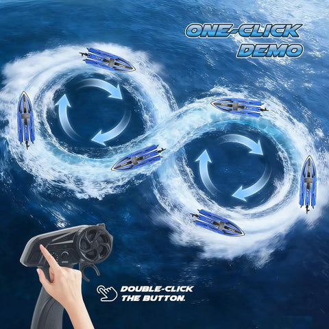 Beast Speed 35KMH RC Boat with LED Lights, blue 16 inch watercraft showing one-click demo, remote in action for easy control.