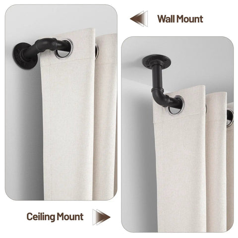 Industrial Wrap Around Curtain Rod, 1 Inch Diameter, Adjustable 66 To 120 Inch Black Drapery Pole shown in wall and ceiling mount installation