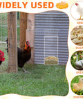 Clear Acrylic Oyster Shell And Grit Feeder For Chickens with heavy duty lid, shown mounted beside hens in a coop.