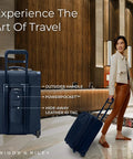 Person pulling 21 Inch Expandable Carry On Luggage With Wheels Softside 2 Wheel Roller Travel Bag For Men And Women Self Repairing Zipper Navy.
