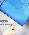 Heat Resistant Silicone Repair Mat With Built In Scale Ruler And Screw Positioning for Soldering Iron Phone And Computer Repair shown with flame test.