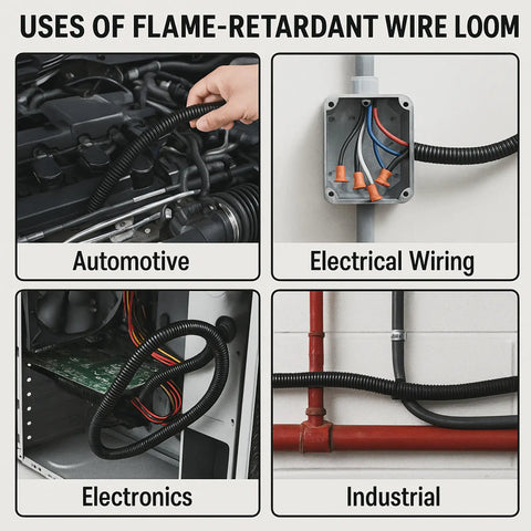 Uses of 3/4 Inch Flame Retardant Polypropylene Split Wire Loom Tubing in automotive, electrical wiring, electronics, industrial settings