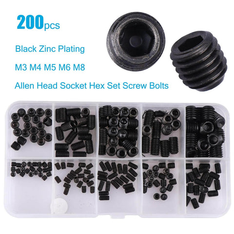 200pcs black zinc-plated M3-M8 hex socket set screws in box, Must Have 200 Piece Internal Hex Drive Cup Point Grub Screw Set In Metric M3 To M8 With 10 Sizes And 5 L Wrenches Heavy Duty Carbon Steel Corrosion Resistant Great For DIY Machinery And Hardware Projects.