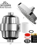 High Pressure Rainfall Shower Head Set That Delivers A Real Deal Clean By Filtering Chlorine, Heavy Metals And Impurities While Softening Water, 15 Stage Filtration With KDF 55 Activated Carbon, 90 Jets And 360 Degree Rotation For A Dope Shower product image showing shower head and filtration parts with dimensions and bonus items.