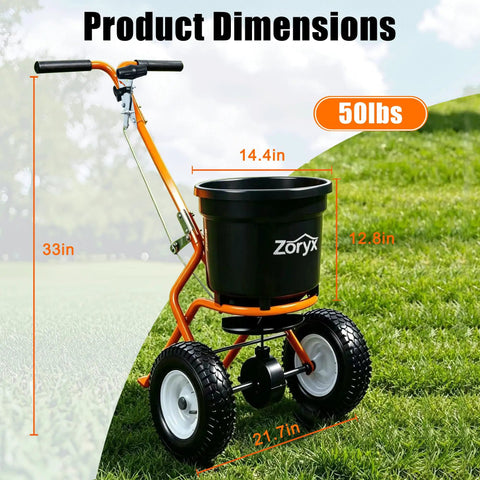 Heavy Duty Walk Behind Broadcast Spreader For Fertilizer Seed And Salt With Anti Clog Hopper Rain Cover 50 Pound Capacity