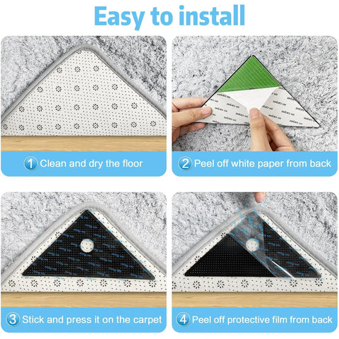 Installation steps for Eight Pack Rug Tape Grippers showing clean floor, peeling paper, sticking, and protective film removal.