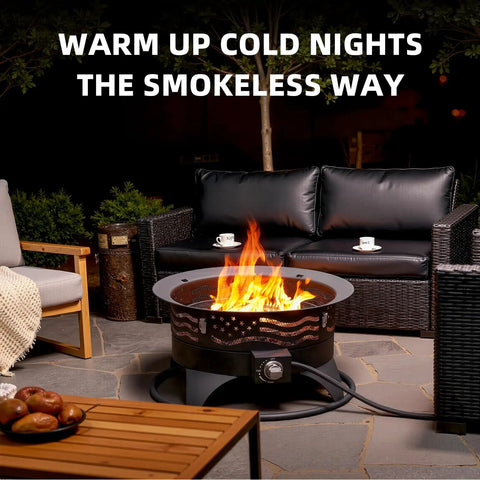 24 Inch Portable Propane Fire Pit With Grill, 60,000 BTU Smokeless Outdoor Gas Firepit on patio with cozy seating
