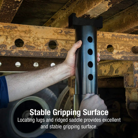 Hands adjusting 10 Ton Portable Air Lift Jack For Trucks And Trailers Narrow Chassis Design Heavy Duty Lift Self Retracting Ram Integrated Filter Overload And Bypass Safety Valves Keeps Hydraulic System Clean Ideal For Farm Construction And Equipment under vehicle frame